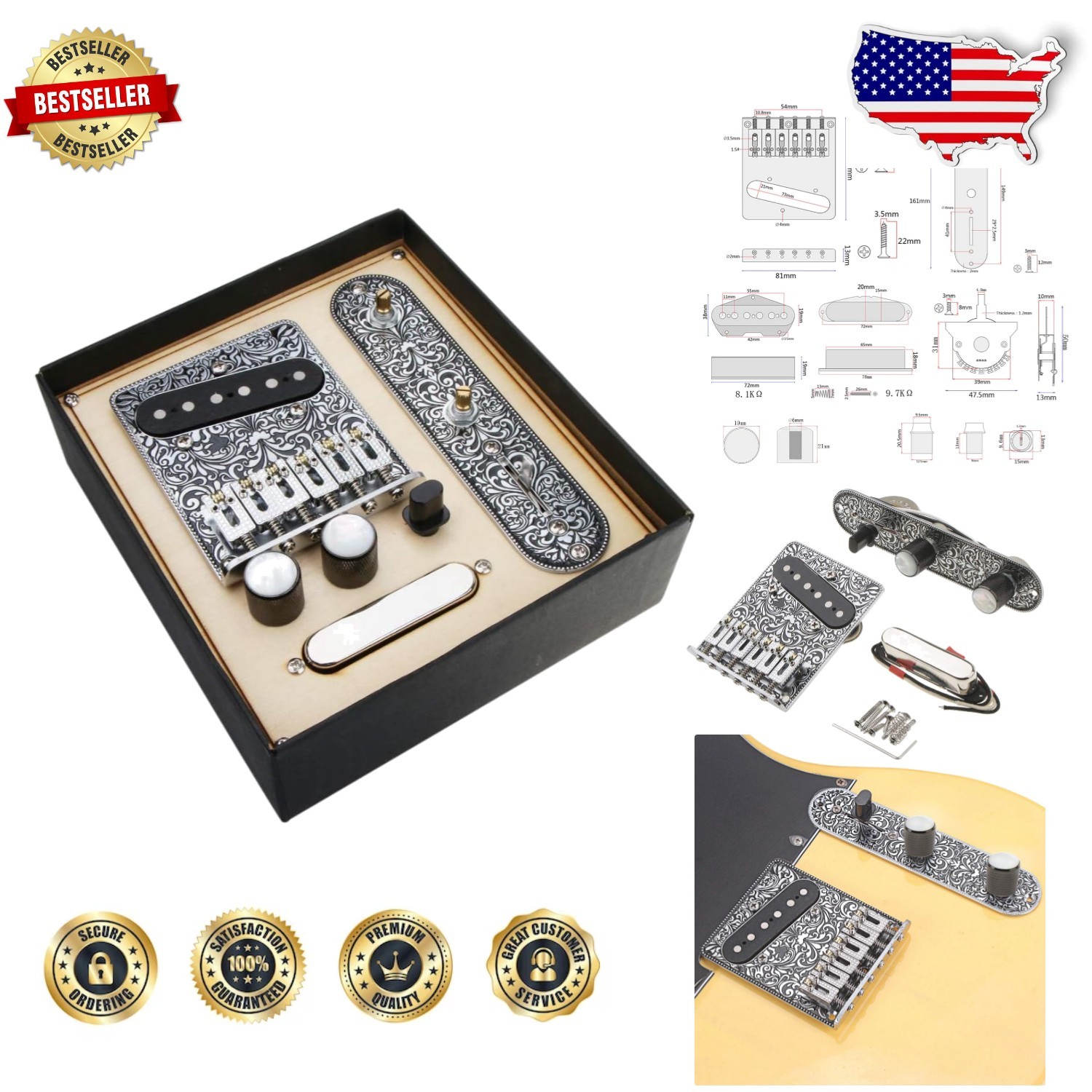 Alnicov 3-Piece Telecaster Guitar Hardware Kit: Roller Saddles, Pearl Top Knobs