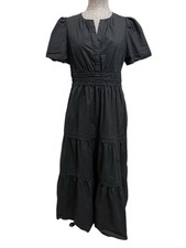 Quince 100% Organic Cotton Poplin Tiered Maxi Dress Women M Short Sleeve Pocket