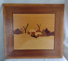Vtg Robert J. Fick Wood Inlay Marquetry Countryside Farm Wall Art 14.5" x 13.25"
