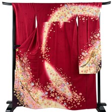 JAPANESE KIMONO FURISODE Red 165cm 5 ft 5 in PURE SILK AA8668