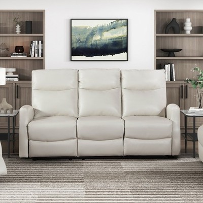 Beige Faux Leather 3 Seat Reclining Sofa w/ Dual Wall-Hugger Recliners