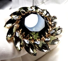 Vintage Unsigned Alice Caviness Olive Green Glass Rhinestone Domed Brooch Pin