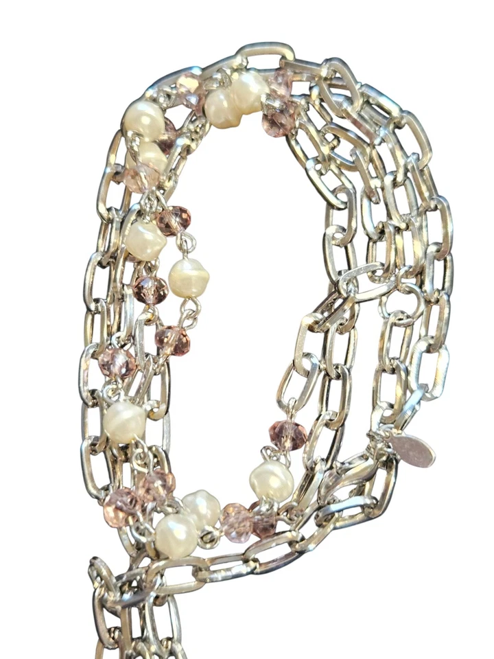 Collar Largo Premier Tono Plateado Blanco Perla Rosa Cristal Cuentas Con Borlas... Foto 2 de 4