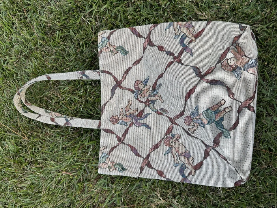 Херувим ангел гобелен холст бежевый сумка с короткими ручками двойной ремни Snap 13 X 13 - Изображение 4 из 4