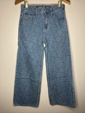 Old Navy Happy Face Girls Size 16 Blue Denim Baggy Wide-Leg High Rise Jeans READ