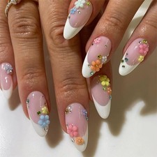 Medium Almond Press on Nails   White French Tip, Acrylic Fake Nails with 3D F...