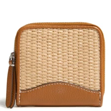 Vera Bradley LATTE essential Small straw faux leather trim zip around 4" Wallet