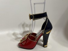 Vtg Prada Red Navy Patent Leather Gold Buckle Heels 38