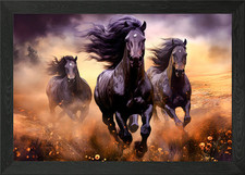 Three Horses Race Framed Wall Art Poster Canvas Print Picture