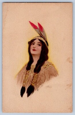 Native American Woman 2 Feathers Headdress Postcard 1907-15