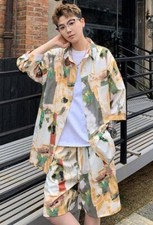 Men's Youth Short Sleeve Loose Lapel shirt Tops Short Pants Summer Graffiti 2pc