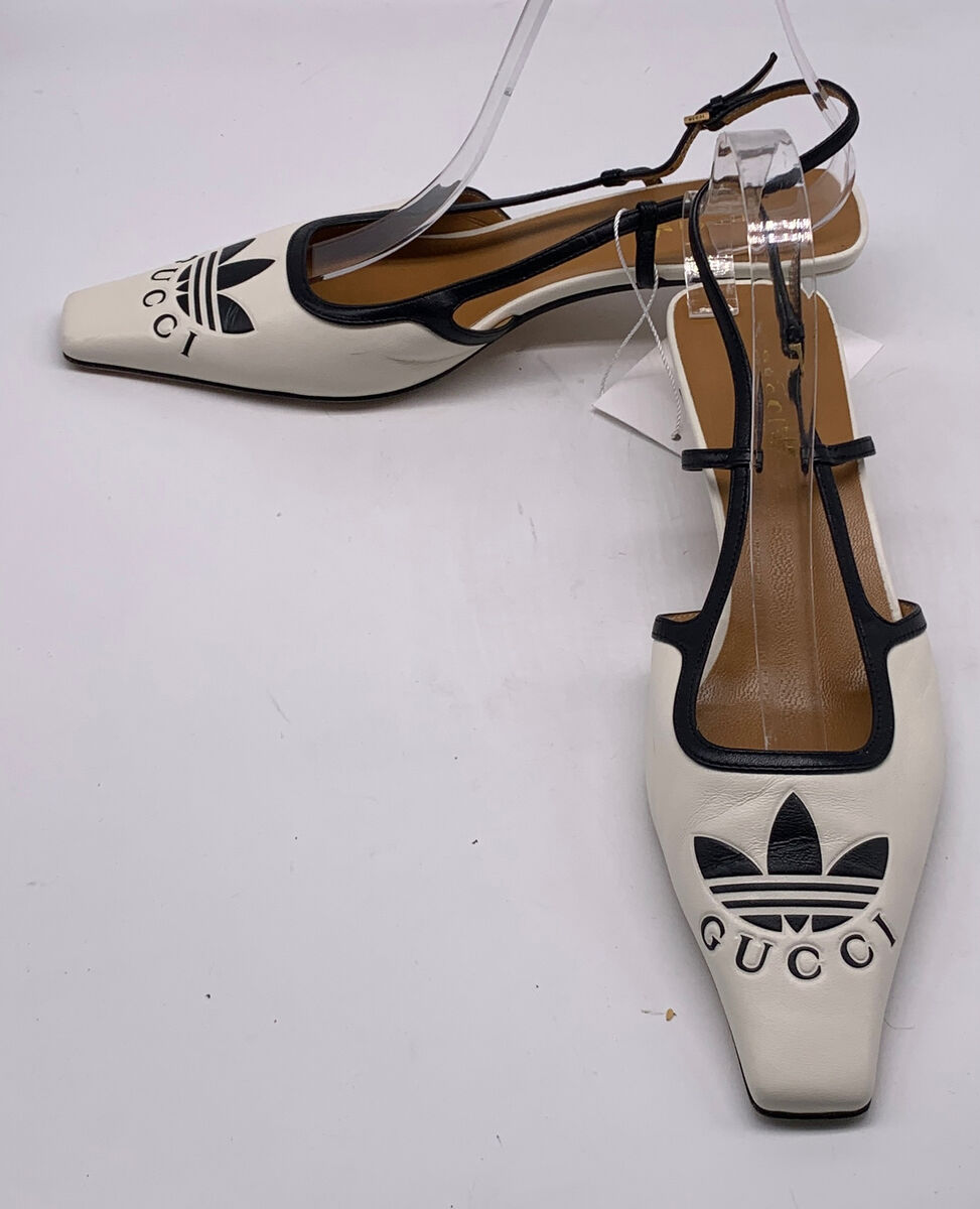 Gucci x Adidas White Square Toe Black Trim Slingback Kitten Gucci x Adidas White Square Toe Black Trim Slingback Kitten