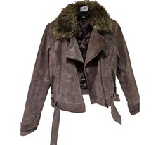 Iconic Jane Norman Real Suede Leather Aviator Coat Size 14 Faux Fur Vintage Y2k