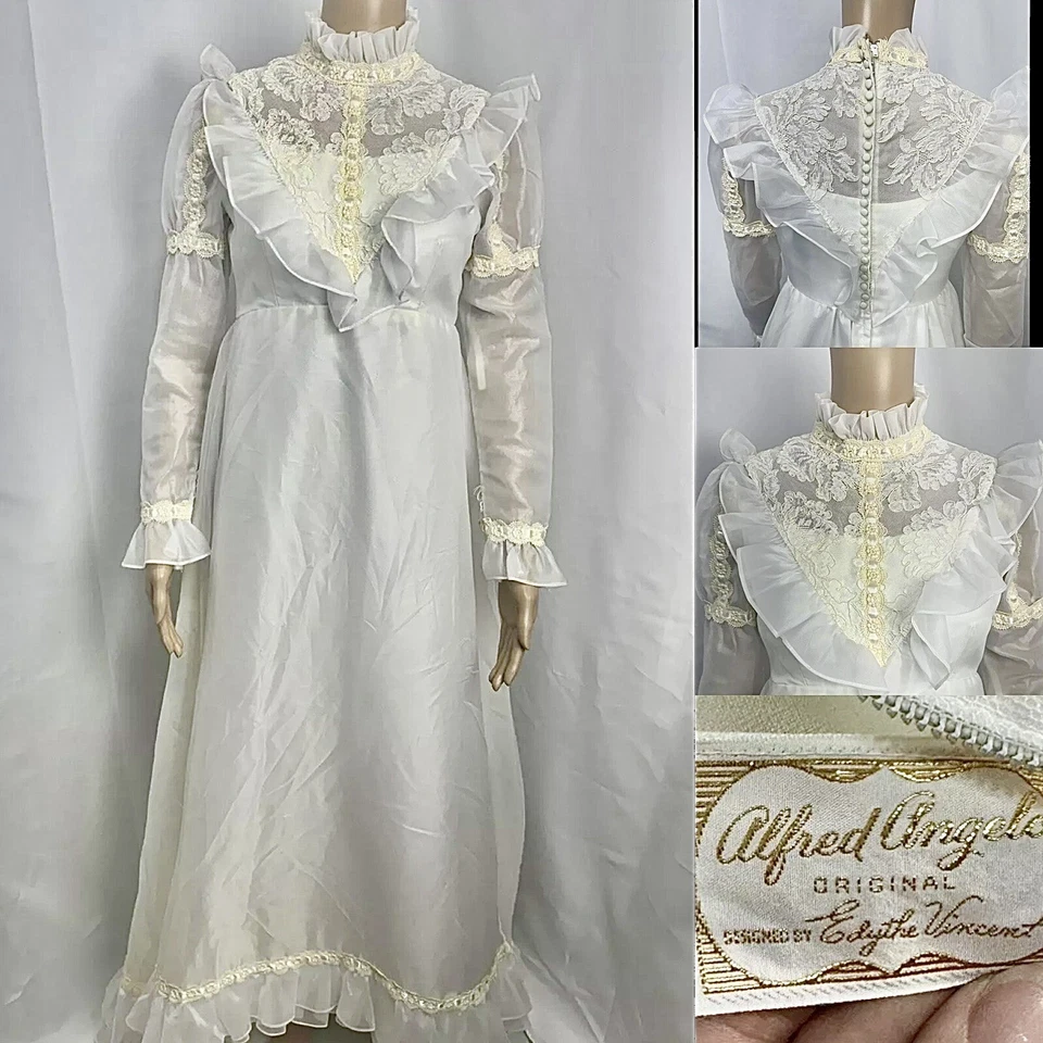 Vestido de novia victoriano de encaje Alfred Angelo de colección cuello alto volantes talla 4 W velo Foto 2 de 4