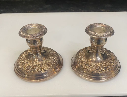 Vintage Pair of Kirk Stieff Silver Plated Candle Holders Repoussé 1724