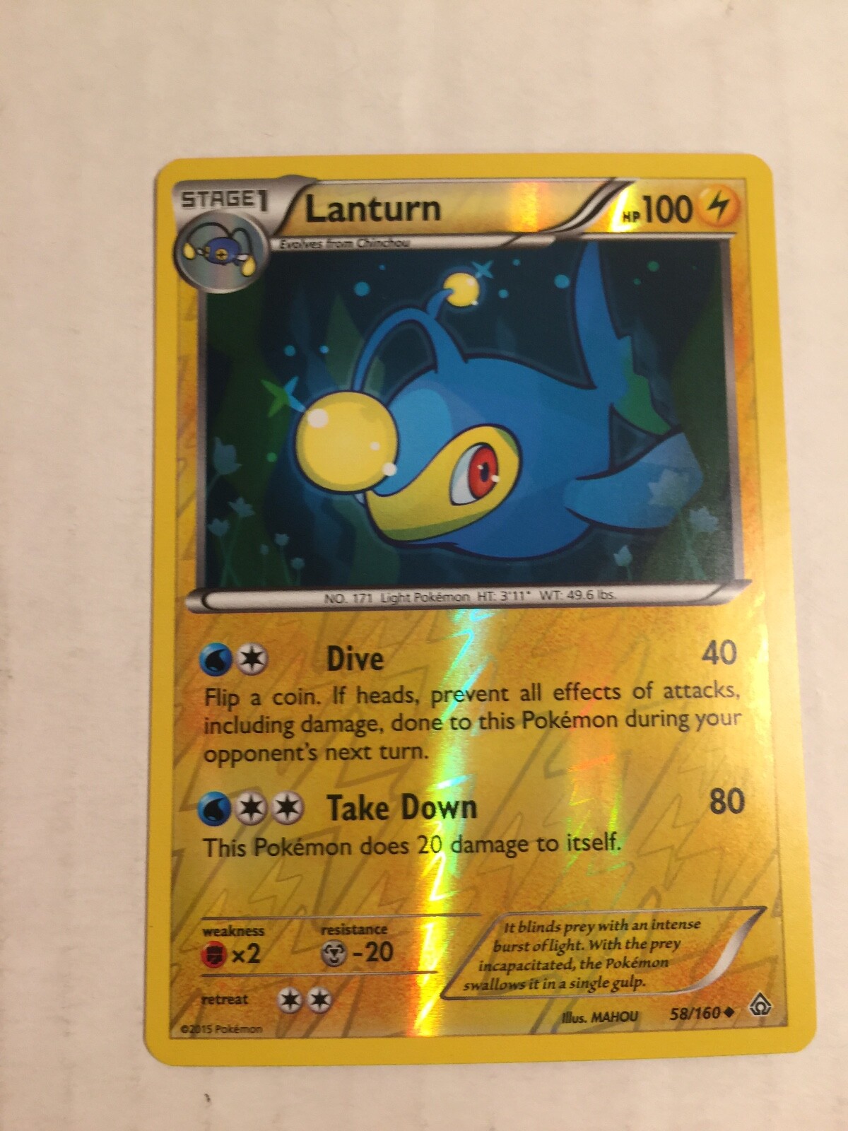 Pokemon Card Primal Clash Reverse Holo Lanturn 58/160.