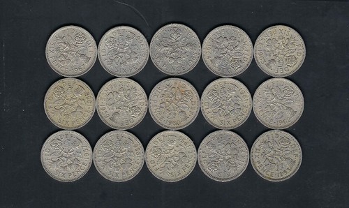 Lot of 15 Different Years - UK - QE II - "Lucky" Sixpences - From 1953 to 1967.