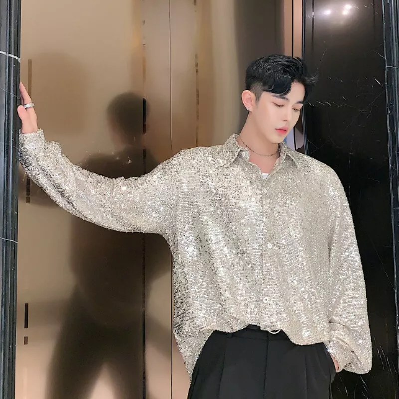 Men Sequins Blouse Shirt Tops Shiny Glitter Disco Club Costume Loose Dance