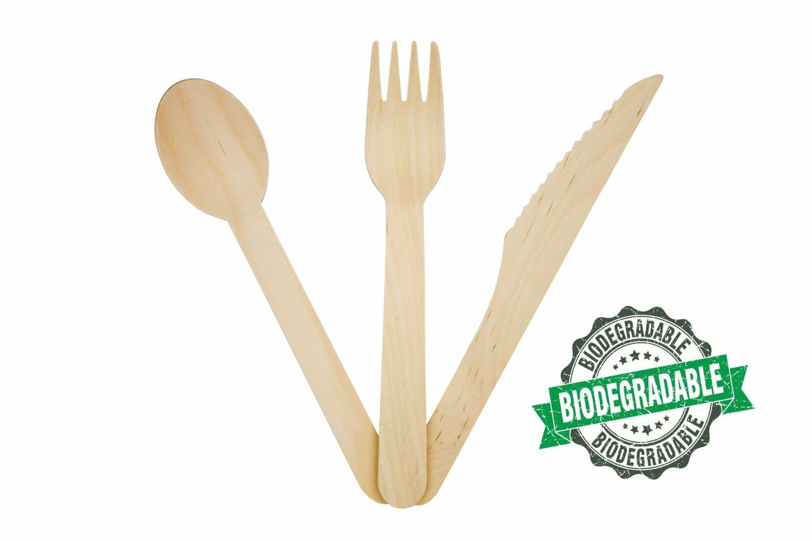 300 Wooden Cutlery Set Biodegradable - 100 Spoons, 100 Knives, 100 Forks Sealed