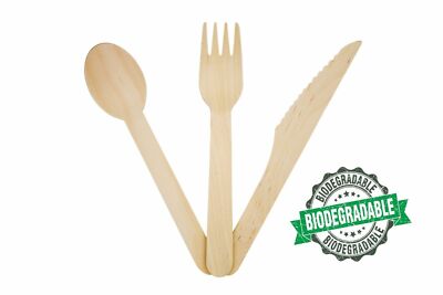 300 Holzbesteck Set biologisch abbaubar - 100 Löffel, 100 Messer, 100 Gabeln versiegelt