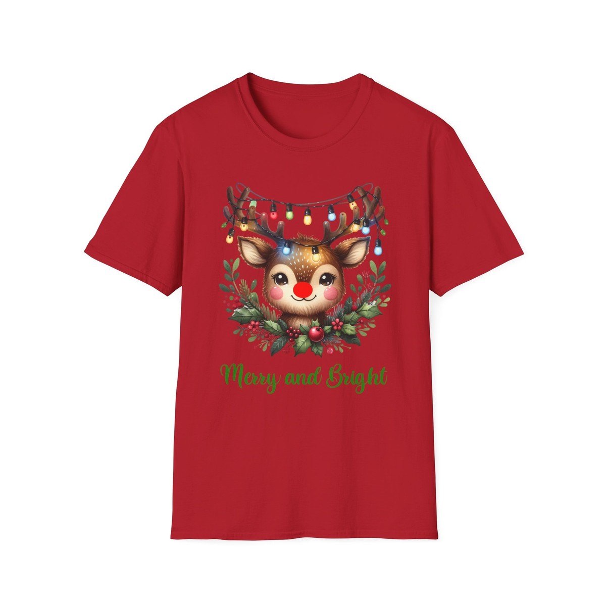 Merry And Bright Christmas T-Shirt Cute Reindeer w/ Festive Lights Holiday  Tee