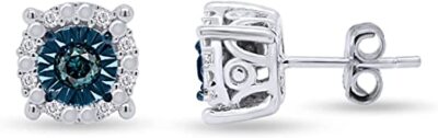 1/4ct Real Blue Diamond Miracle-Set Halo Cluster Stud Earrings Sterling Silver