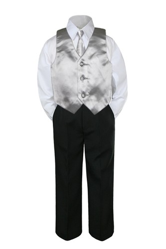 4pc Boy Teens Formal Occasion Wear BLACK Pants Pick color Vest Necktie Set 7-20 - Picture 11 of 25