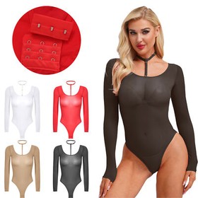 Women Leotard Sheer Jumpsuit Club Wear Lingerie Long Sleeve Bodysuit Sexy Tops