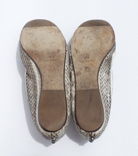 $950 LANVIN Ivory Gray Shaded Snakeskin Gunmetal Studded Scrunch Ballet Flats 37 - Picture 10 of 11