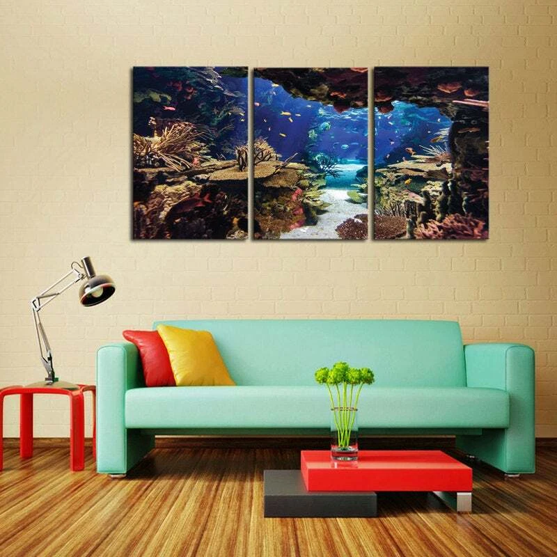 Impressão multipainel mergulhadores caverna recife lona arte de parede vida oceânica subaquática 5 peças - Imagem 3 de 4