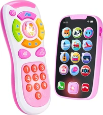 Baby Learning Phone and Remote Toy for Toddler, Pink Smartphone Toys with Music 