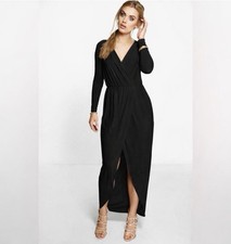 Boohoo Black Pleated Wrap Maxi Dress Long Sleeve V-Neck Size 12