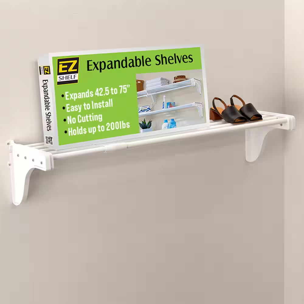 40 In. - 75 In. Expandable Metal Shelf in White with 2 End Brackets