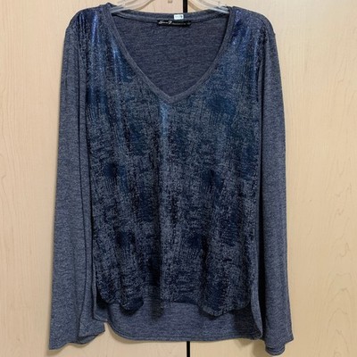 Seven7 Women's Blue Metallic Long Sleeve V-Neck Knit Top Size L