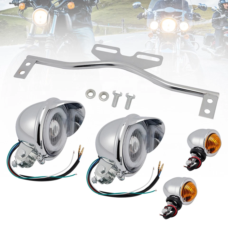 Motorcycle Beam Headlight Fog Lamp Custom Chrome #D22 For Racer Bobber Chopper - Image 2 of 4
