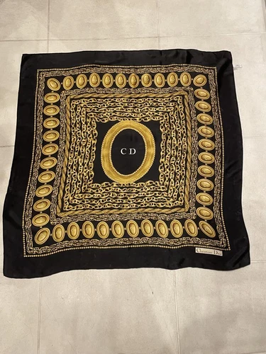 Authentique écharpe Christian Dior logo CD motif chaîne 100% soie 86 x 86 cm femme