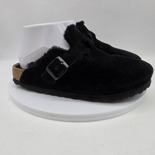 Birkenstock Suede Boston Shearling Slides Women's Size 39 8-8.5 Fuzzy Warm Black