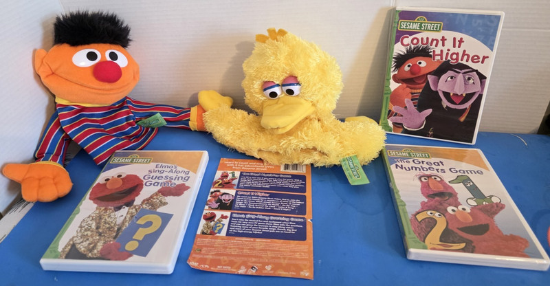 3 Sesame Street DVD'S & 2 Sesame Street Puppets "Big Bird" & "Ernie"