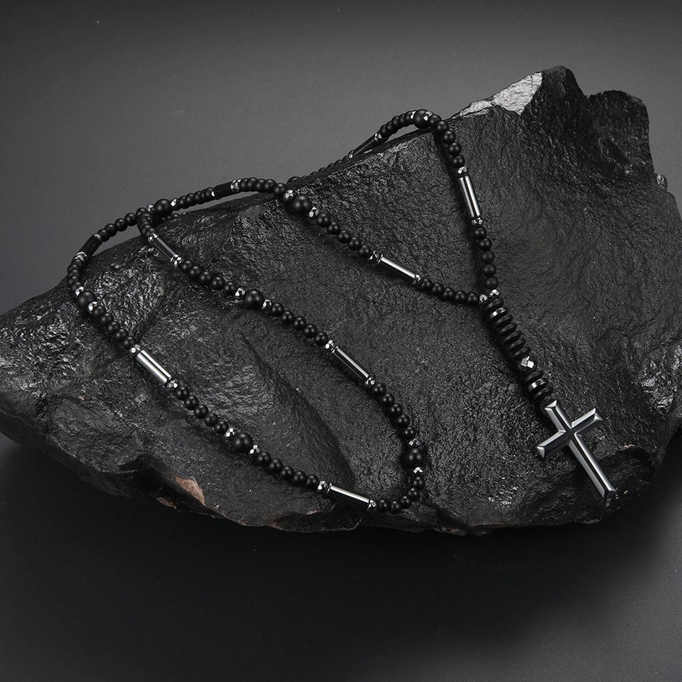 Collana pietra naturale onice croce ematite rosario donna uomo di moda - Immagine 2 di 3