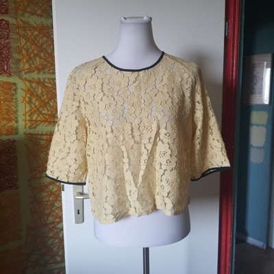 Gelbe Spitzen Bluse Oberteil Top T-shirt Kimono schwarzen Details, Next, Gr 42