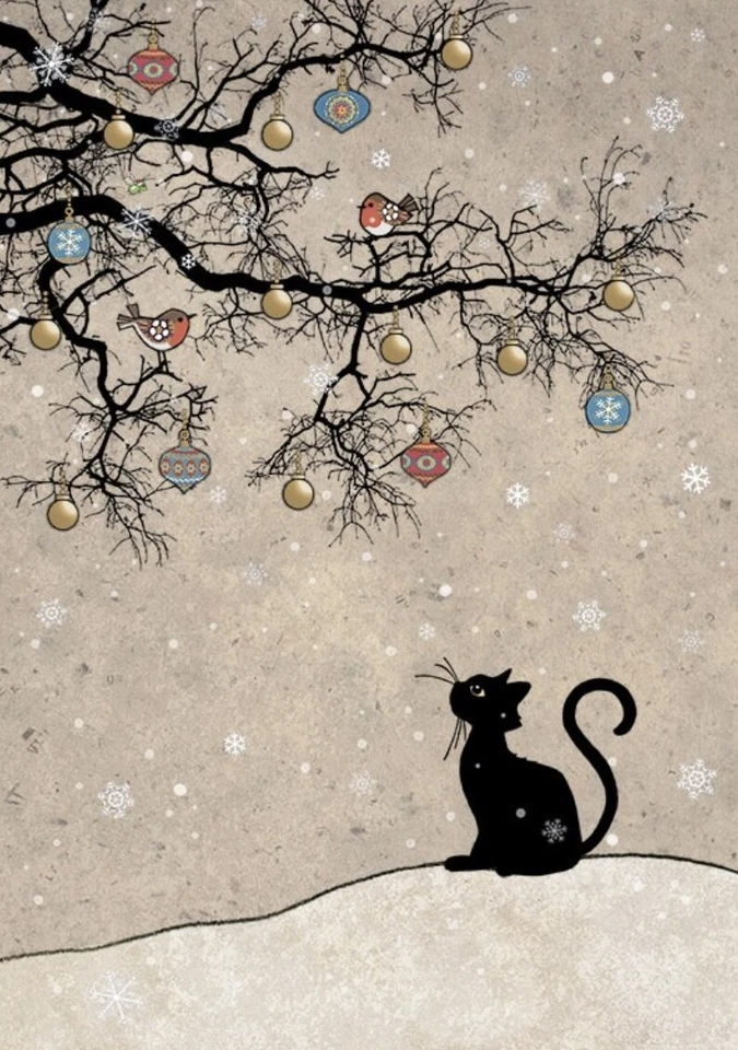 Bug Art Christmas card embossed foil/jewel effect~ Cat & Robins ~SINGLE CARD