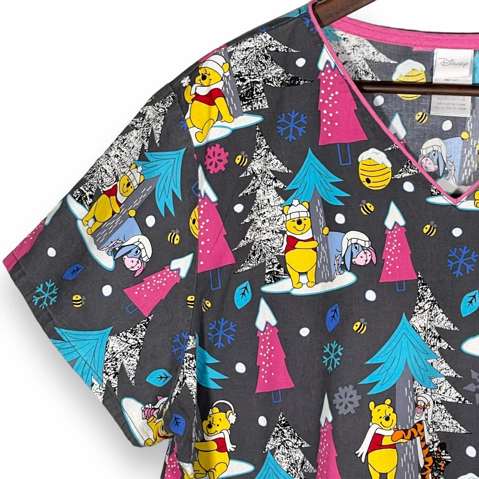 Disney Scrubs Women Size 2X Winnie the Pooh Pockets Short Sleeve V-Neck Cotton - Image 2 of 4