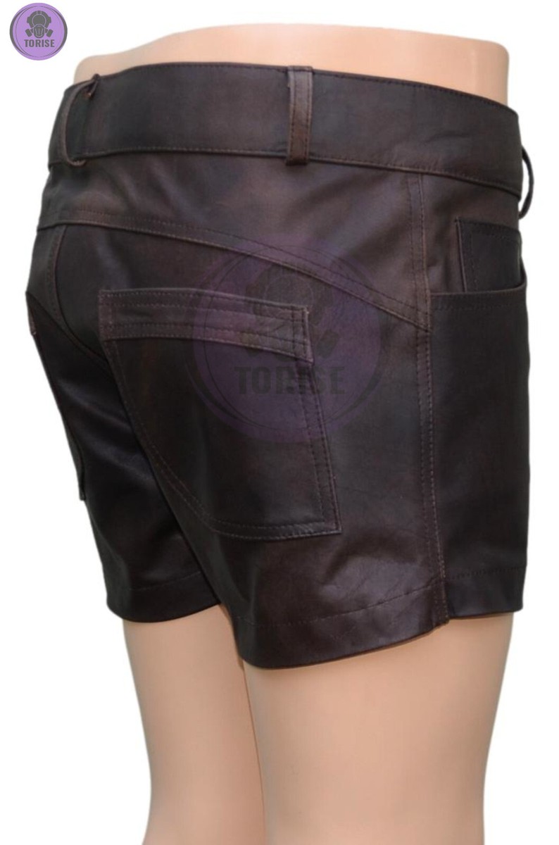 Men's Leather Shorts Black Casual 5 Pockets Zipper Fly Cow Leather