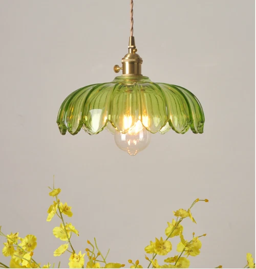 Vintage Green Carved Glass Ceiling Hanging Lamp Kitchen Pendant