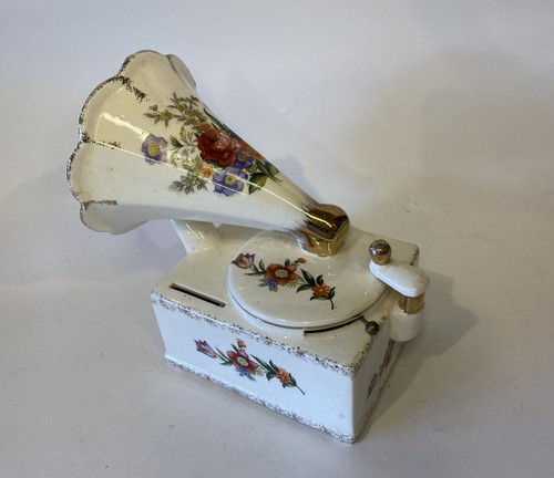 Porcelain Music Box Record Player Gramophone Floral Piggy Bank Oh! Susanna Vtg - Picture 2 of 8