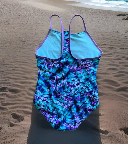 SPEEDO Girl's One-Piece Lined Swimsuit Racerback Purple Blue Tie Dye YOUTH Sz L - Picture 2 of 12