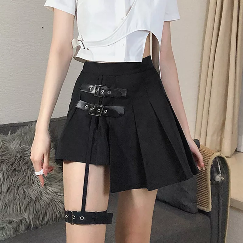 Pleated Mini Skirt Cut Out Side High Waist Harness Garter Belt