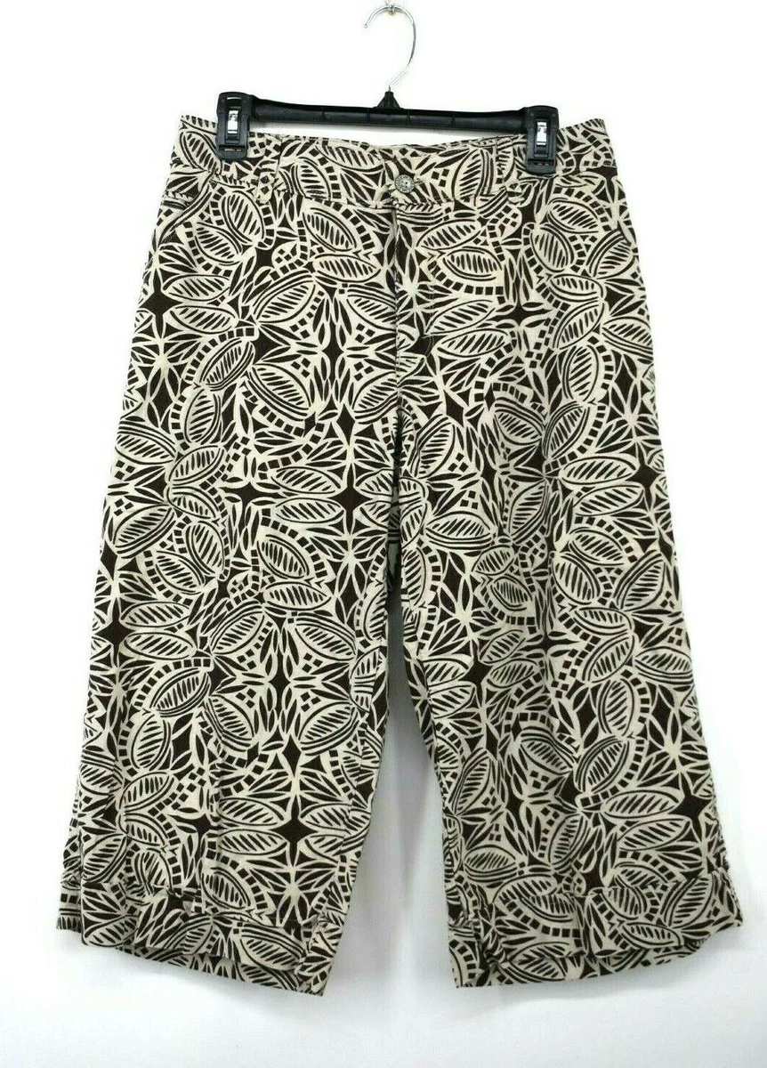 Lee Womens Brown Leaf Print Linen Blend Wide Leg Pants Zip Front High Waist 8M