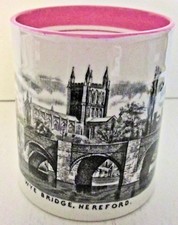Belle tasse souvenir anglais ancien "Wye Bridge, Hereford" impression transfert, rose