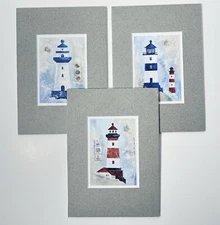 Lighthouse Art Prints Set Matted Seaside Decor Gray Blue Red